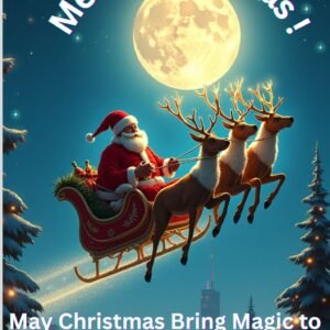 “santa flying over the city christmas card – cinematic holiday greeting (canva editable)”