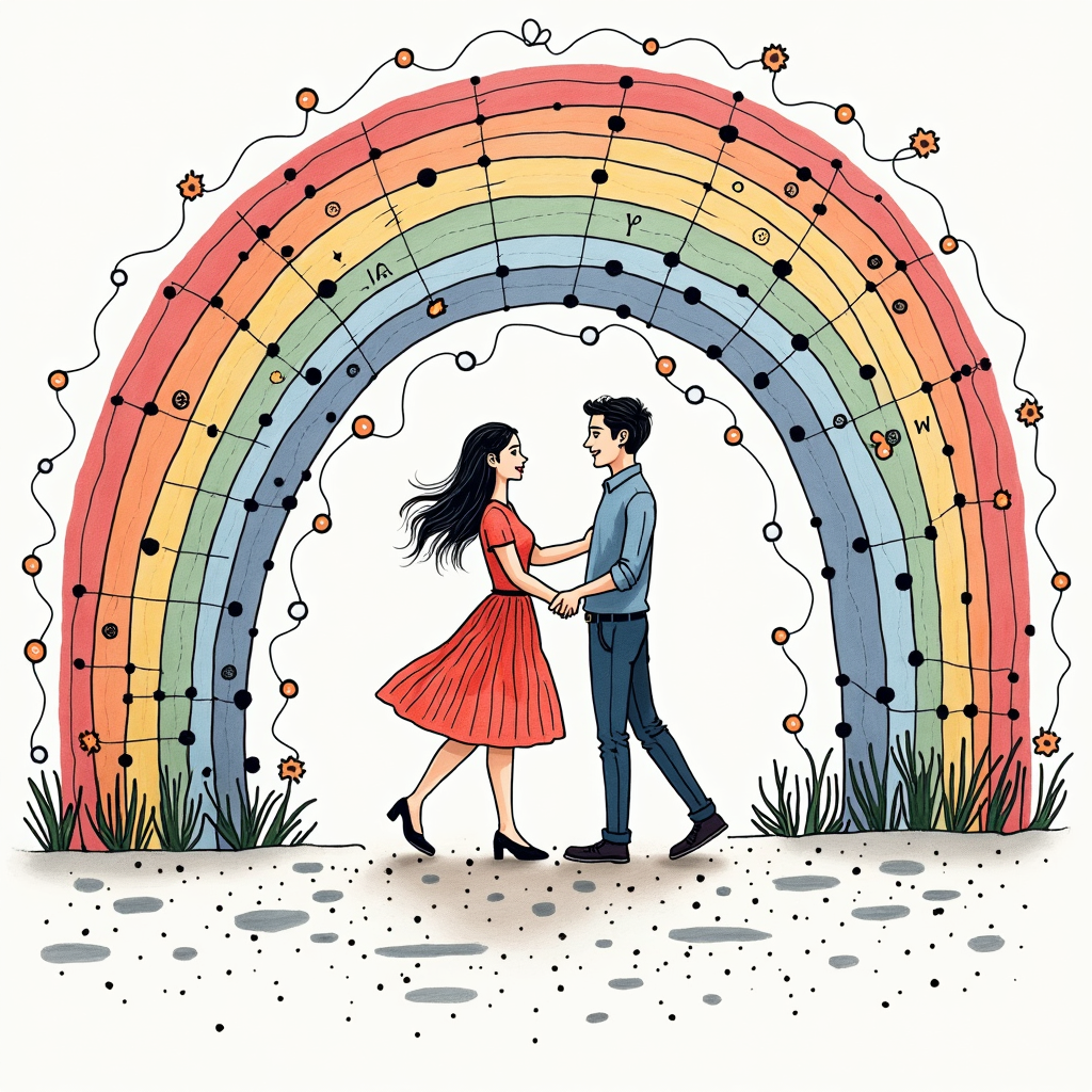 Joyful Dance and Coloring Celebration - Free PDF Coloring Book Samples | Inkspired Creations a connect the dots puzzle transforming into a dancing couple under a rainbow arch