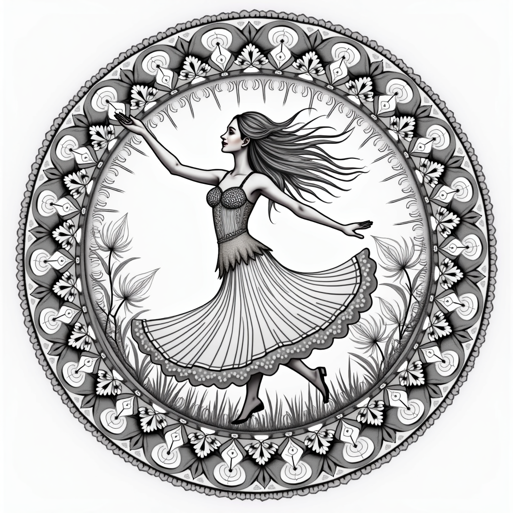 Joyful Dance and Coloring Celebration - Free PDF Coloring Book Samples | Inkspired Creations a snowflake dancer melting into a sunflower twirler