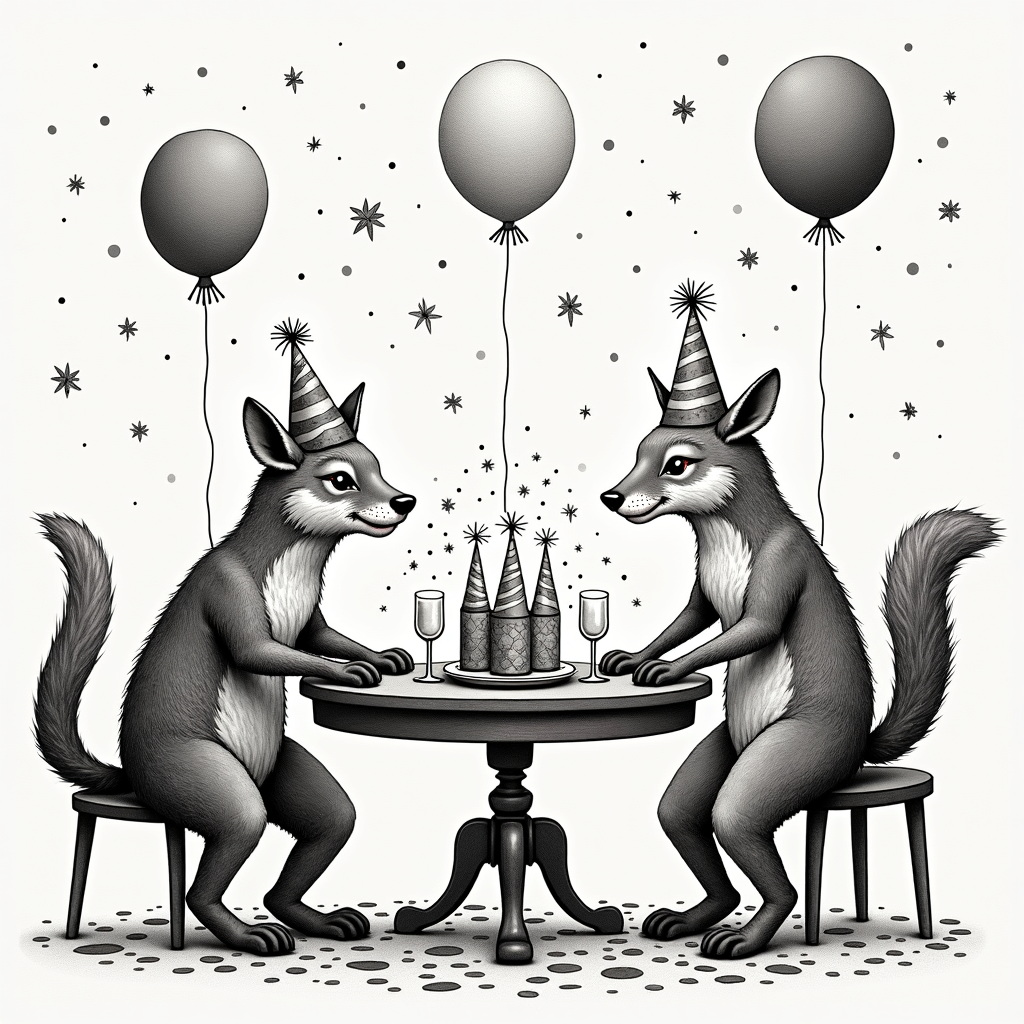 Joyful Dance and Coloring Celebration - Free PDF Coloring Book Samples | Inkspired Creations festive table scene with party hats, balloons, and abstract confetti shapes forming animal friends