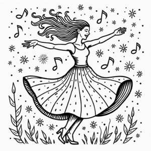 single joyful dancer in flowing skirts mid twirl Free sample coloring page: Joyful dancer twirling with geometric patterns for family creativity.