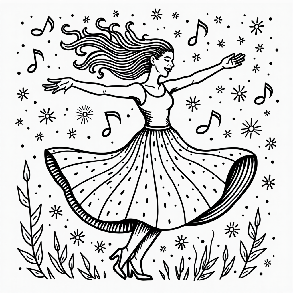 Joyful Dance and Coloring Celebration - Free PDF Coloring Book Samples | Inkspired Creations single joyful dancer in flowing skirts mid twirl